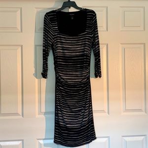 WHBM striped midi bodycon dress - ruched waist, 3/4 sleeve